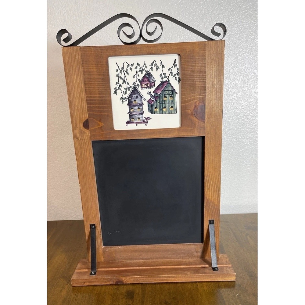 Vintage Wood Chalkboard w/ Birdhouse Ceramic Tile & Scrolling Wroght Iron Accent